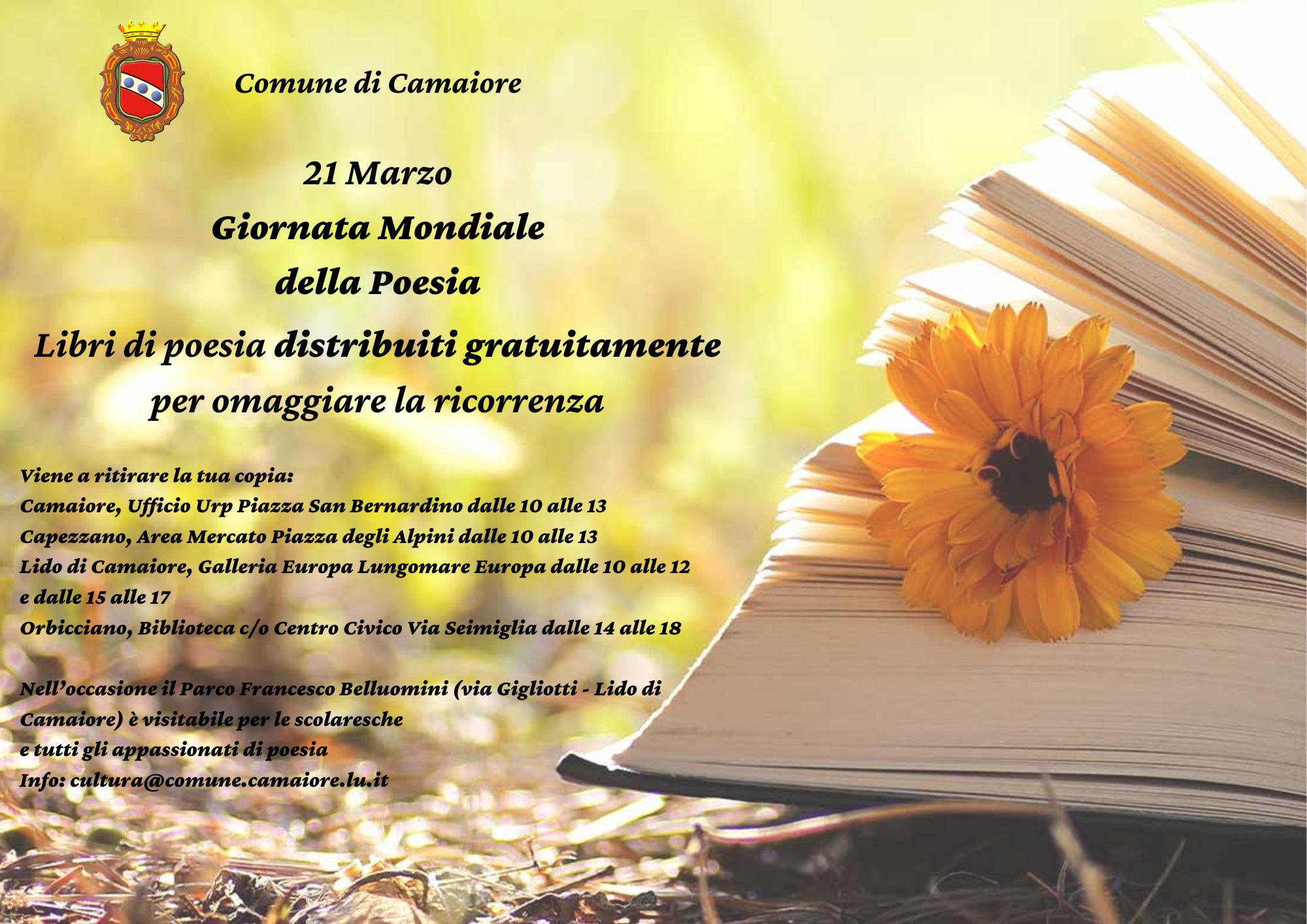 21 marzo, Camaiore celebra la Giornata Mondiale della Poesia con una distribuzione gratuita di libri in versi