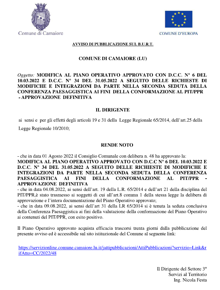 Il nuovo Piano Operativo del Comune di Camaiore pubblicato sul BURT: sarà efficace dal 24 settembre